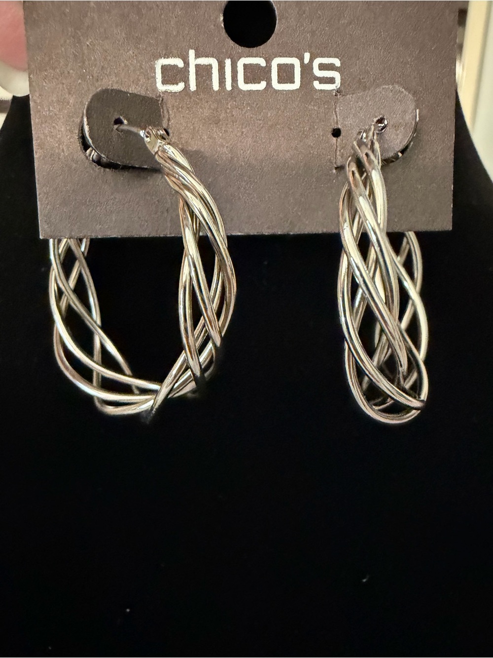 Chico’s Silver Tone Braided Woven Twist Hoop Earrings New on Card